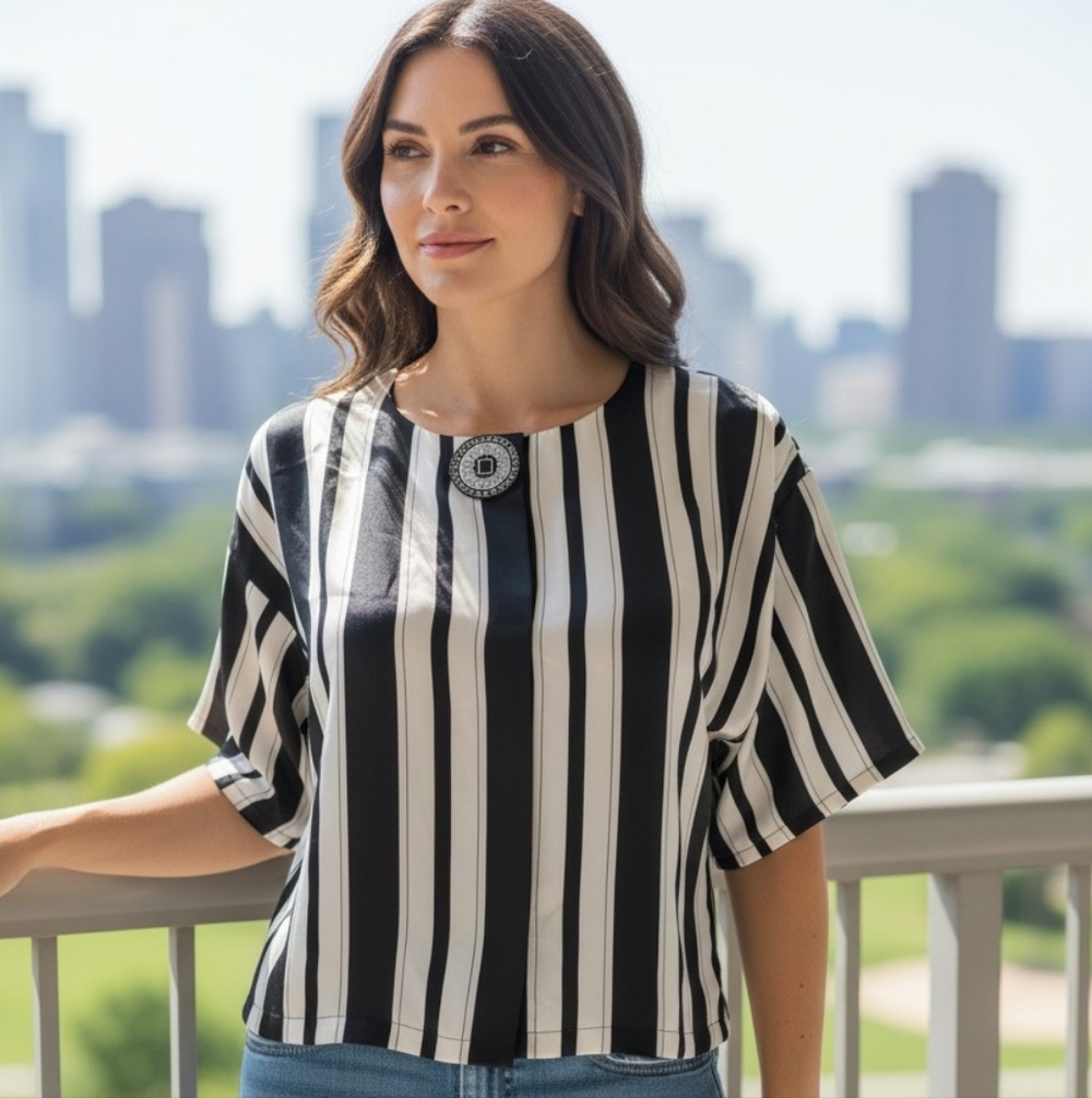 Vintage Val Mode Lingerie Short Sleeve Blouse – Black & Ivory Stripe. Size Small